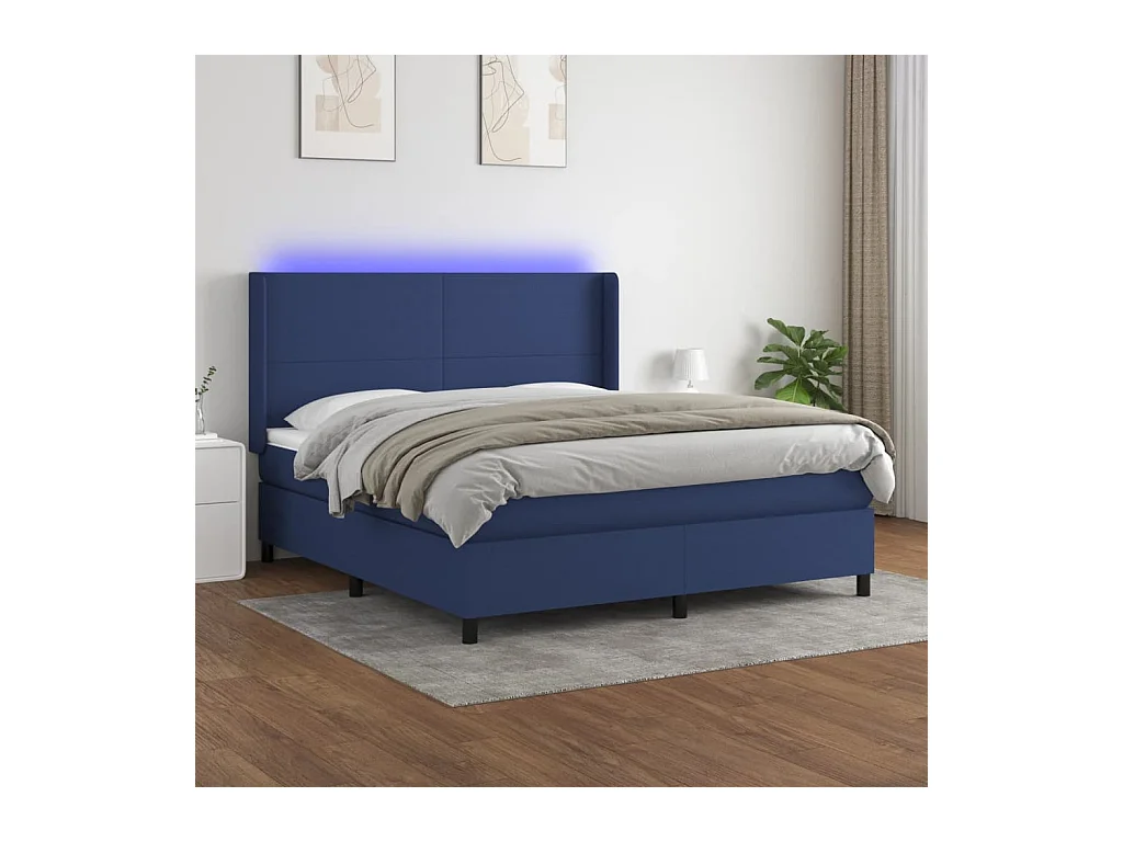 Cama box spring c/ colchão e LED 160x200 cm tecido azul
