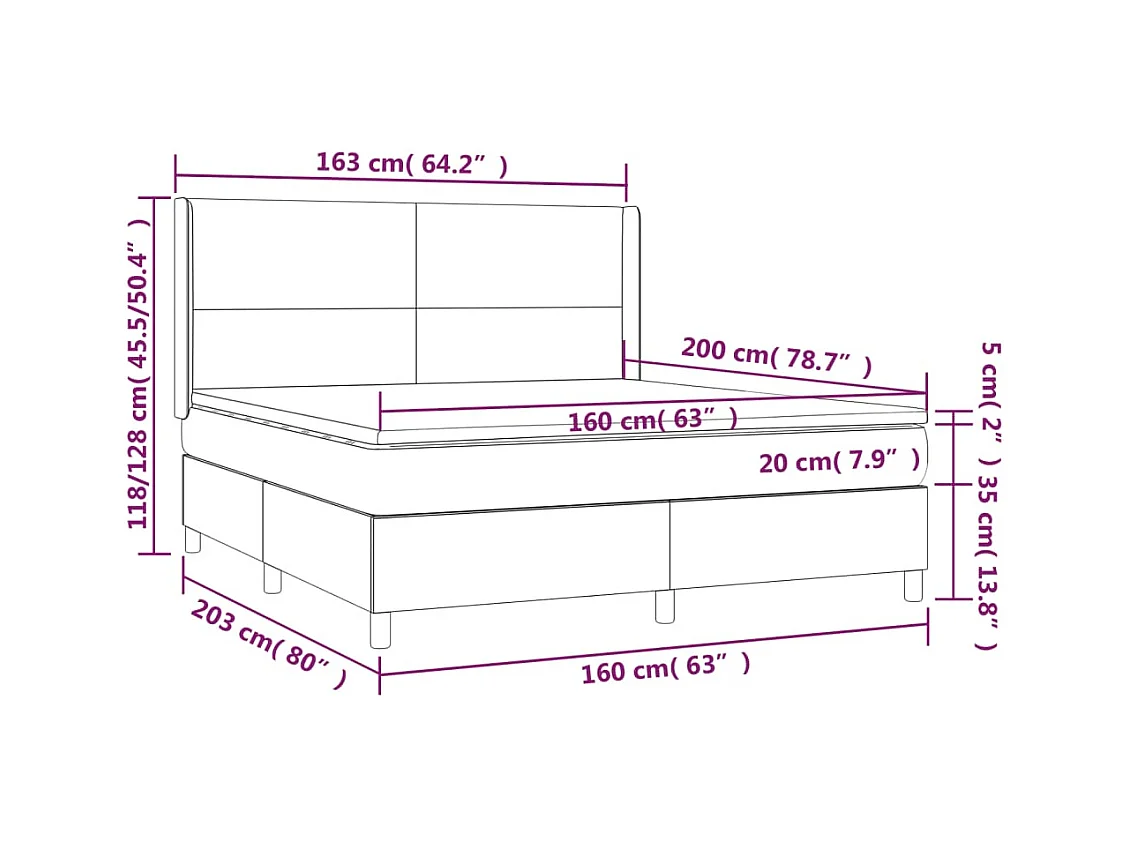 Cama box spring c/ colchão e LED 160x200 cm tecido azul