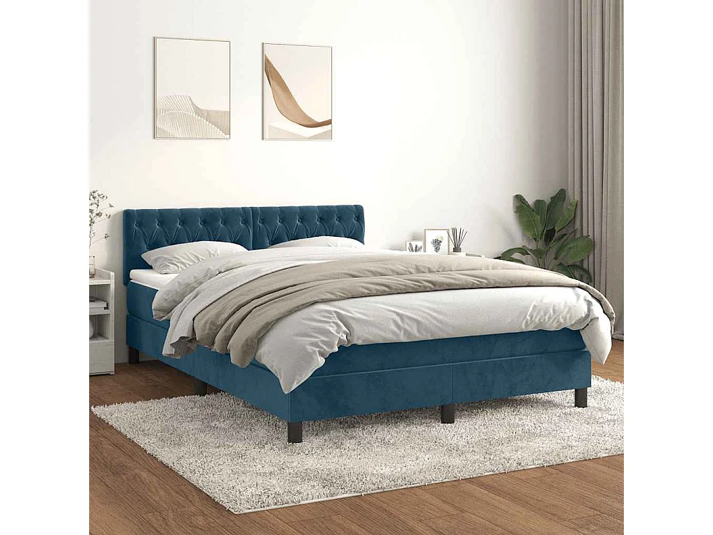 Cama box spring con colchón terciopelo azul oscuro 140x200 cm
