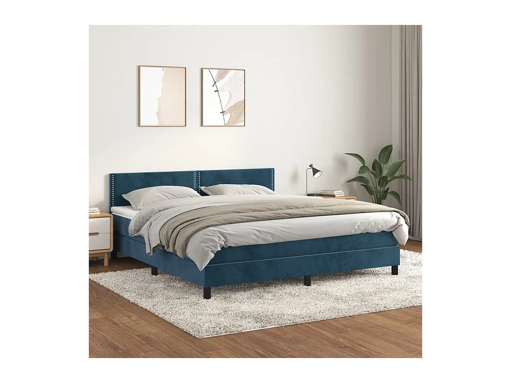 Cama com molas/colchão 160x200 cm veludo azul-escuro