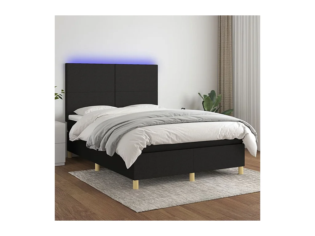 Cama box spring c/ colchão e LED 140x190 cm tecido preto