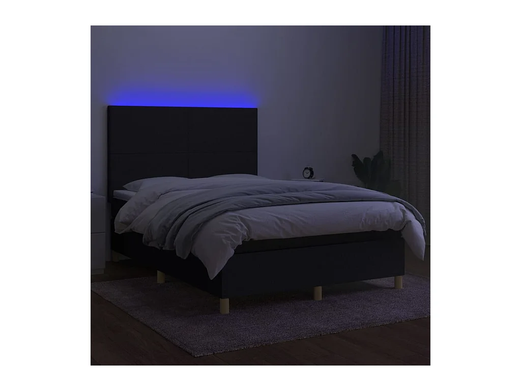 Cama box spring c/ colchão e LED 140x190 cm tecido preto