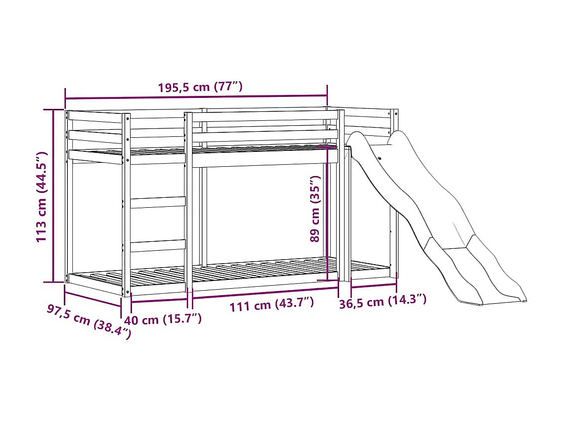 Lit superposé avec toboggan et échelle sans matelas 90x190 cm