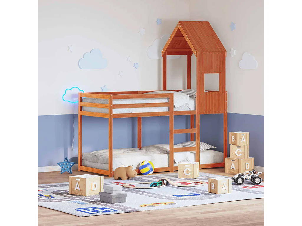 Etagenbett mit Dach Wachsbraun 90x190 cm Massivholz Kiefer
