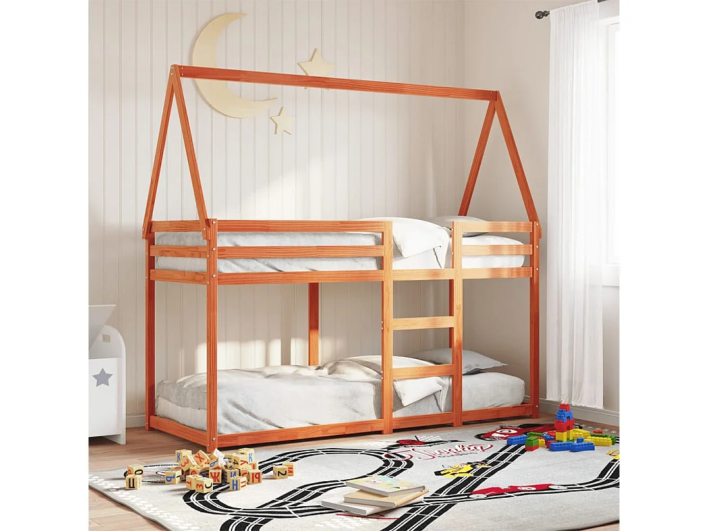 Etagenbett mit Dach Wachsbraun 90x200 cm Massivholz Kiefer