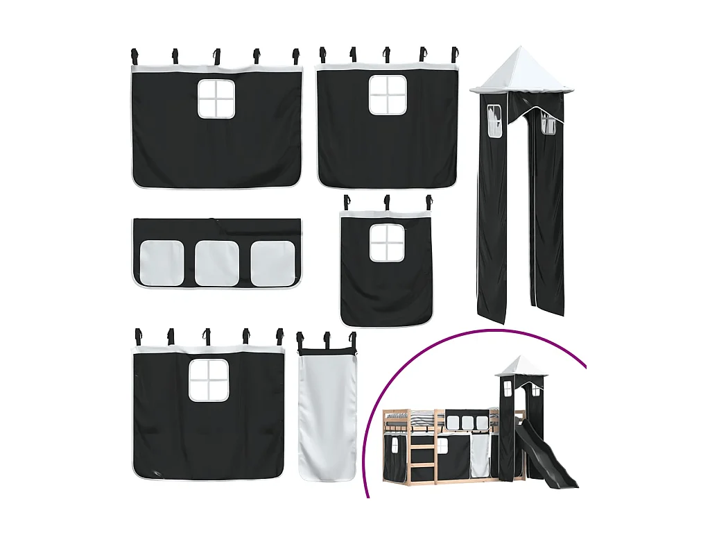 Lit superposé sans matelas avec toboggan blanc noir 80x200 cm