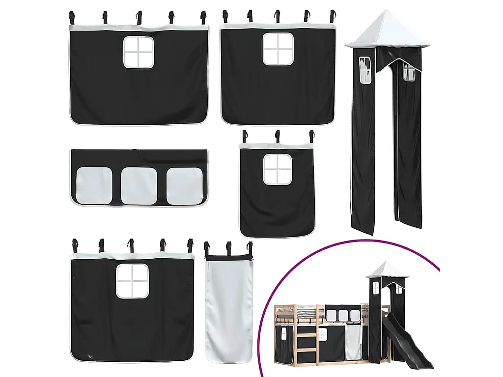 Lit superposé sans matelas avec toboggan blanc noir 80x200 cm
