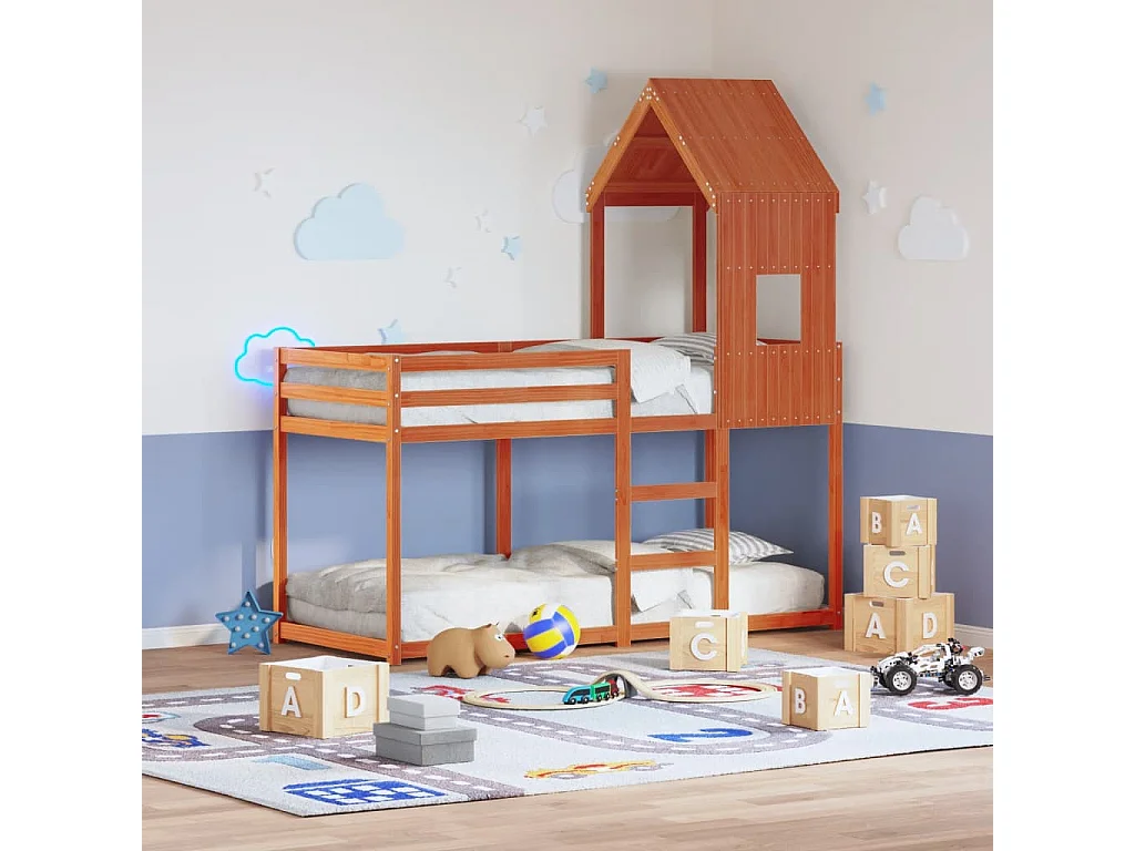 Letto a Castello con Tetto Cera 80x200 cm Legno Massello Pino