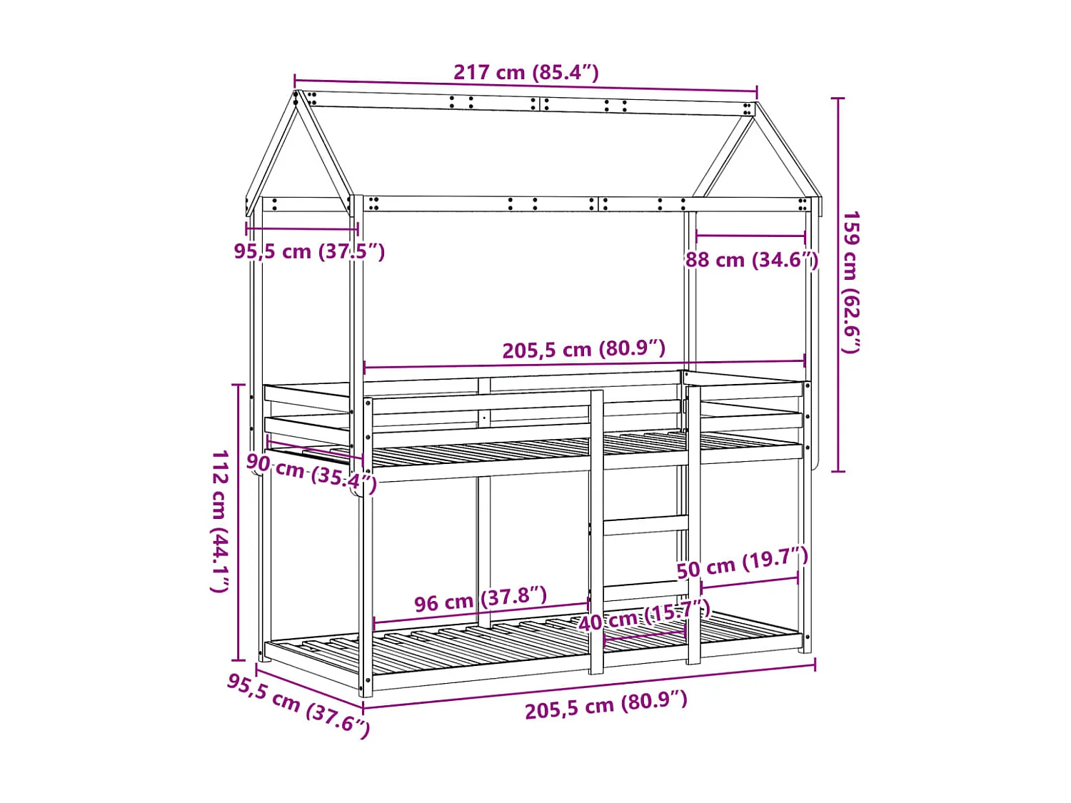 Lit superposé sans matelas blanc 90x200 cm bois de pin massif