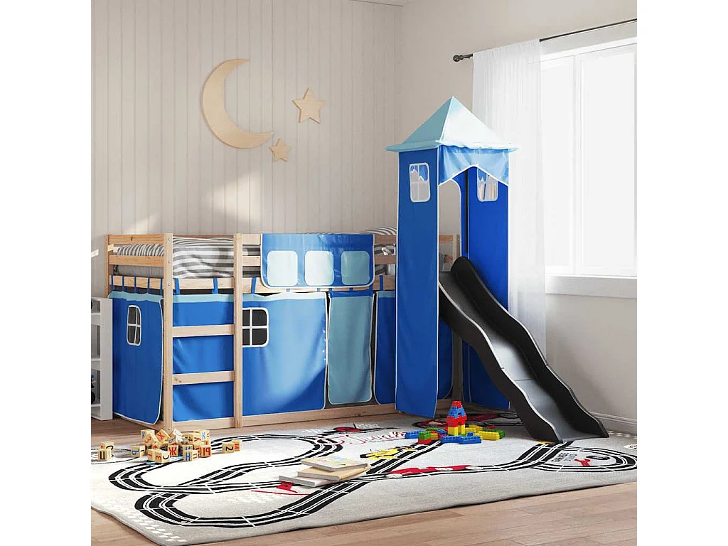 Lit superposé sans matelas avec toboggan et rideaux 90x190 cm