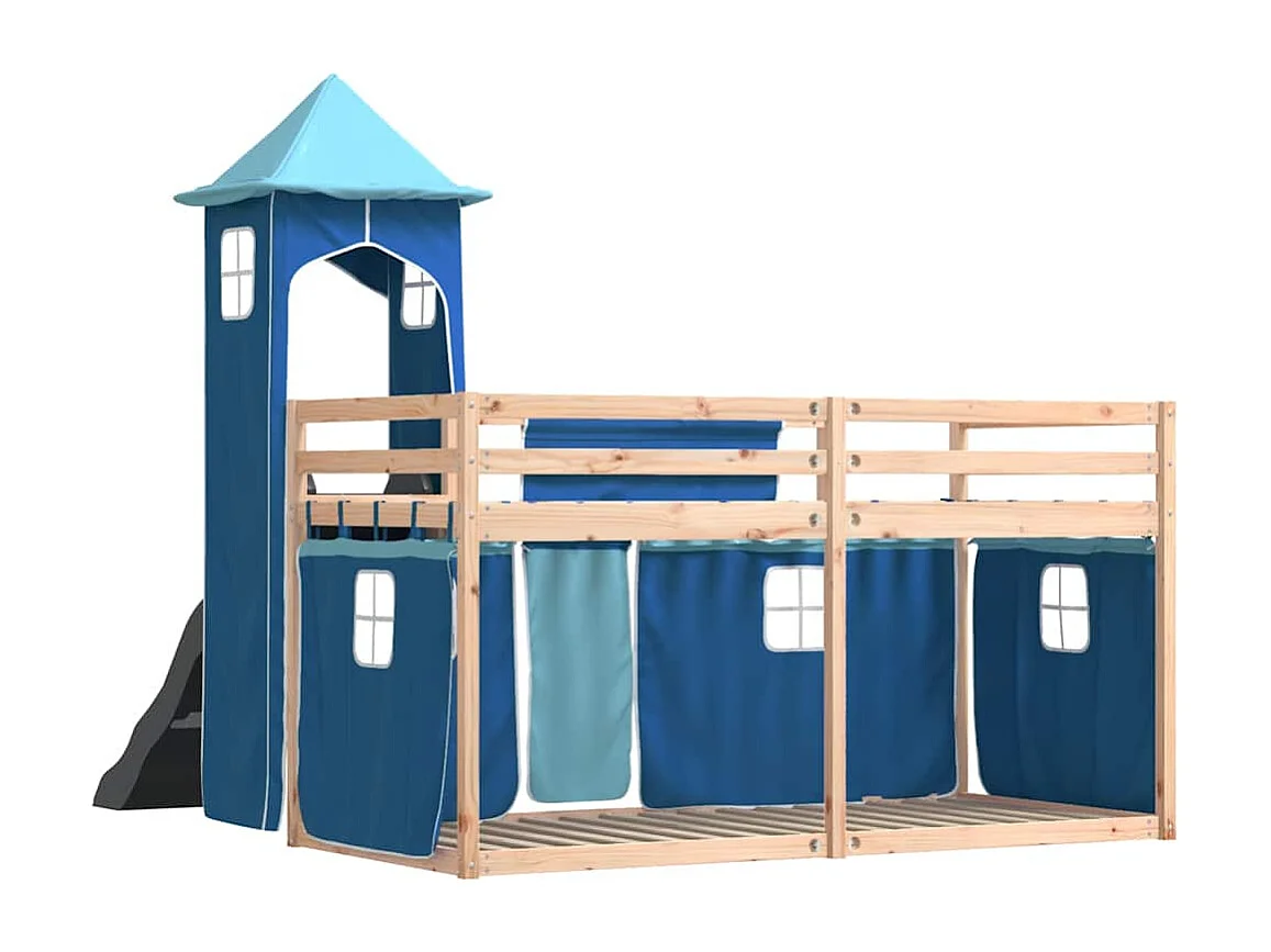 Stapelbed met glijbaan en gordijnen blauw 90x190 cm