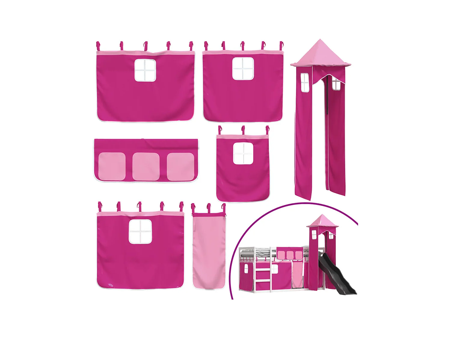 Stapelbed met glijbaan en gordijnen roze 90x190 cm