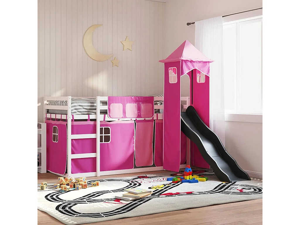 Lit superposé sans matelas avec toboggan et rideaux 90x190 cm