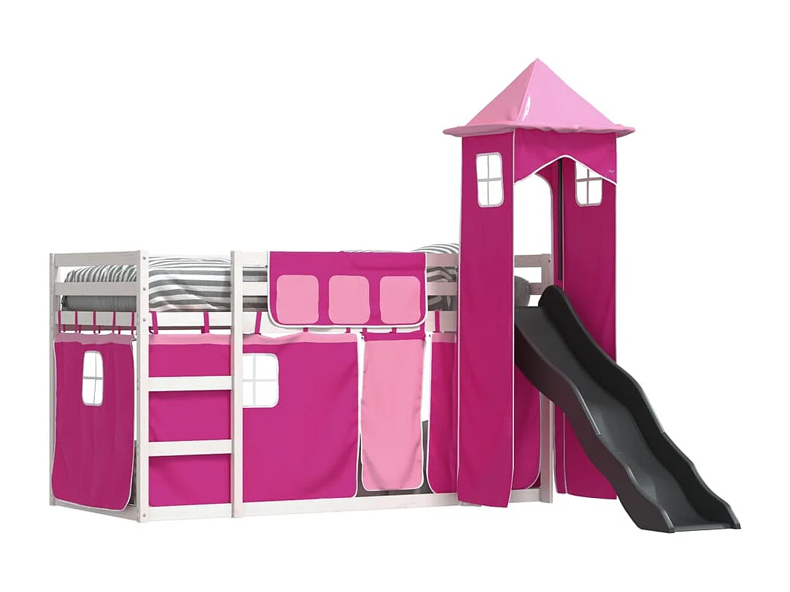 Lit superposé sans matelas avec toboggan et rideaux 90x190 cm