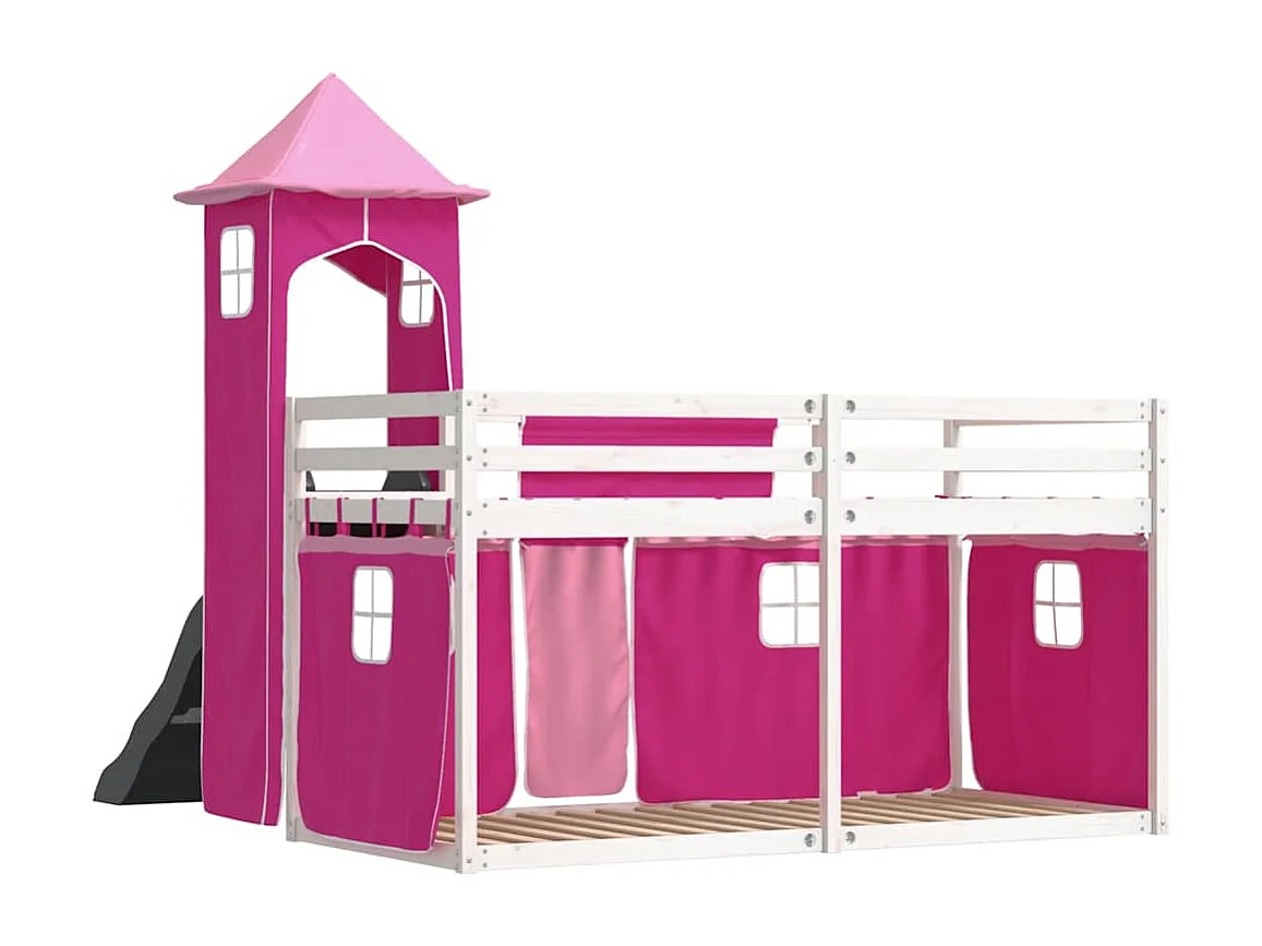 Lit superposé sans matelas avec toboggan et rideaux 90x190 cm