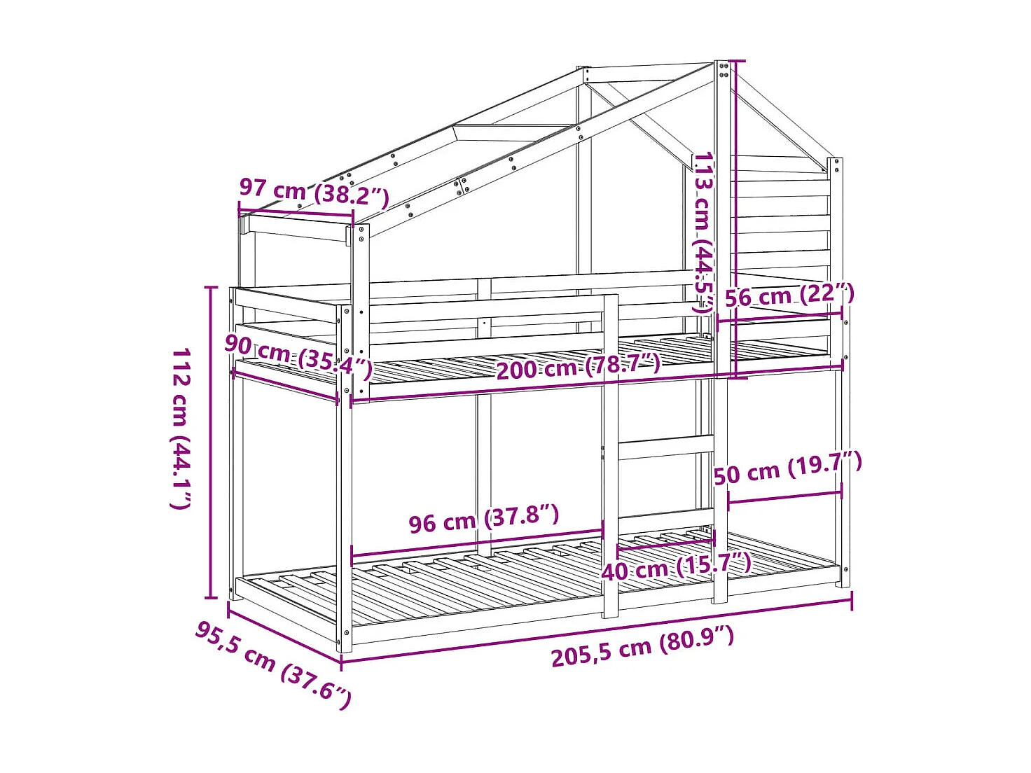 Lit superposé sans matelas cire marron 90x200 cm pin massif