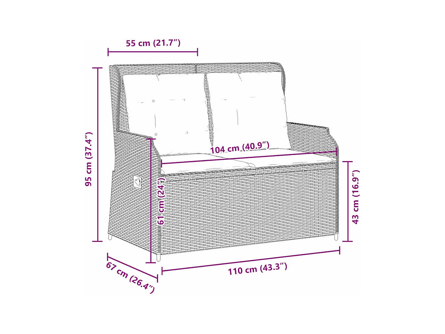 Banc inclinable de jardin avec coussins beige résine tressée