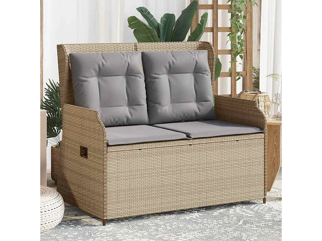 Panca Reclinabile da Giardino con Cuscini Beige in Polyrattan