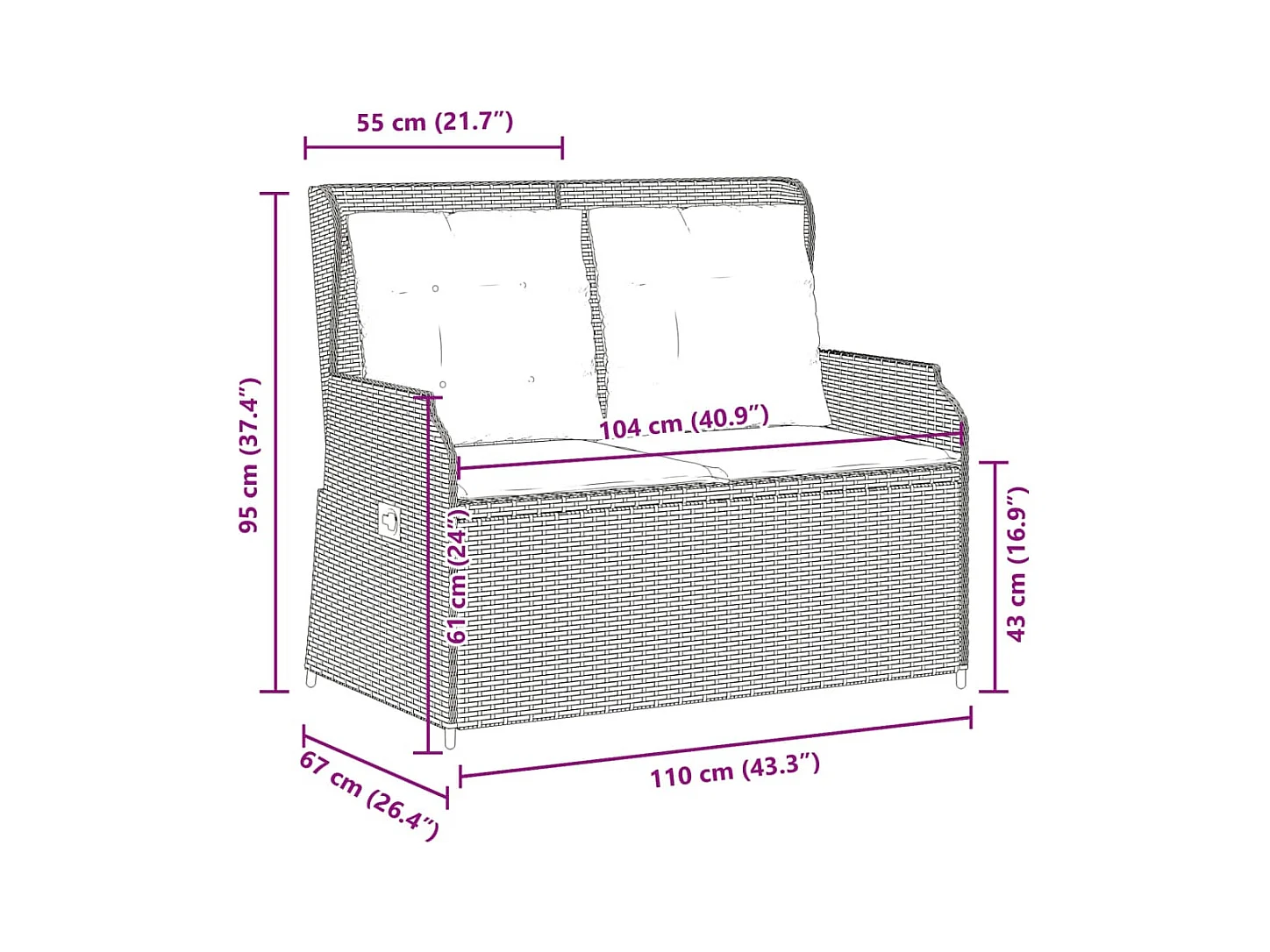 Banc inclinable de jardin avec coussins noir résine tressée