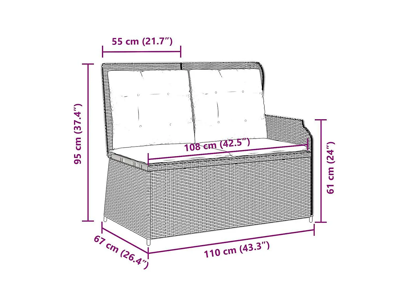 Banc inclinable de jardin avec coussins beige résine tressée