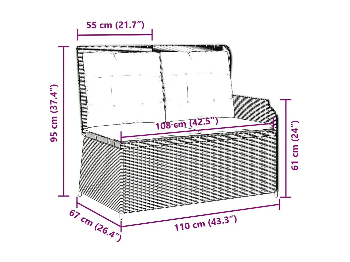 Banc inclinable de jardin avec coussins beige résine tressée