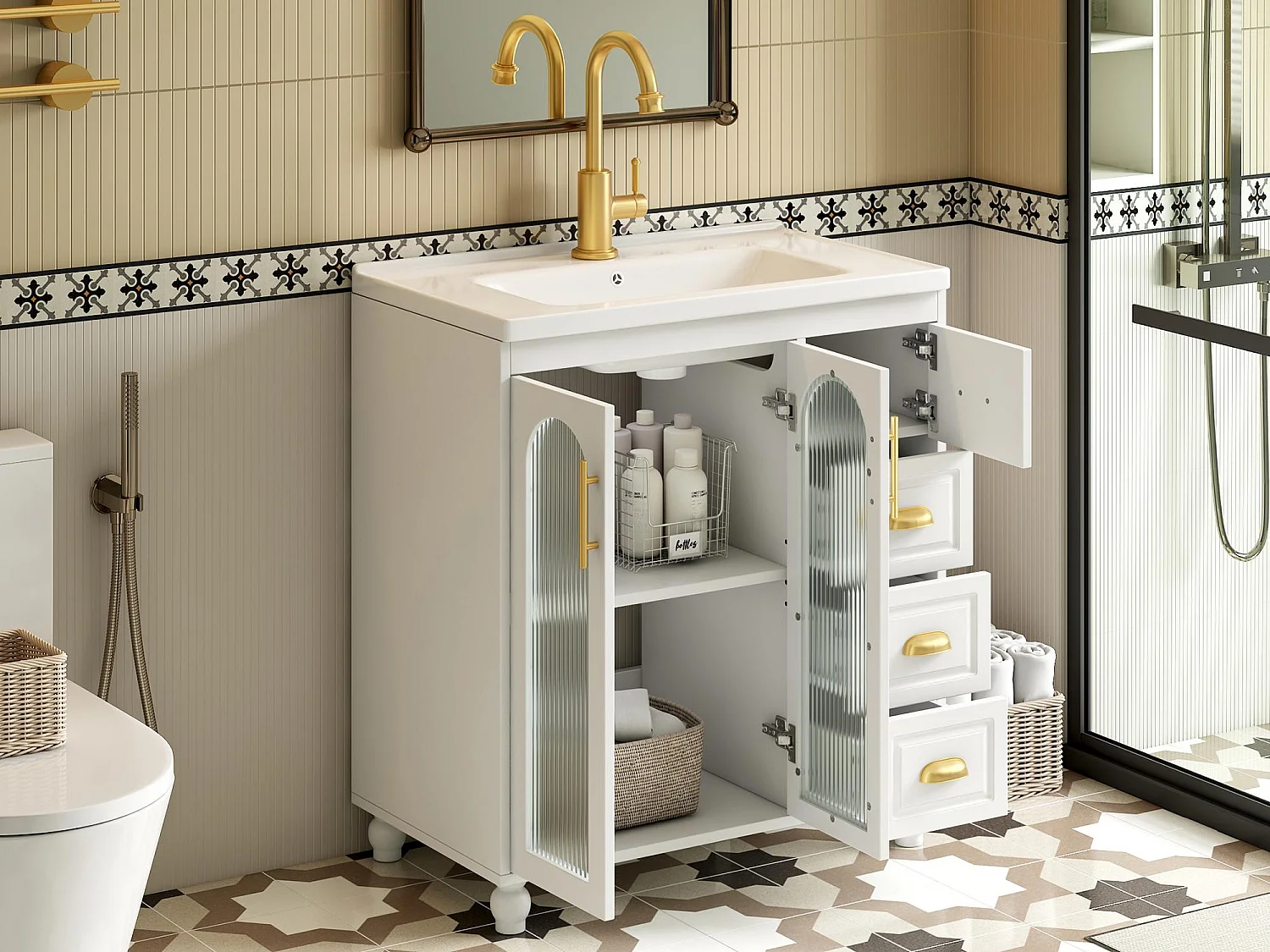 Badmeubel met keramische wastafel - 2 deuren en 4 lades - wit (kraan niet inbegrepen)