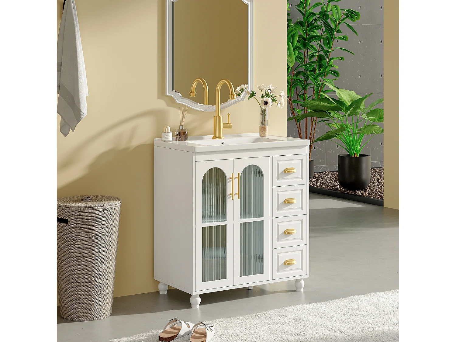 Badmeubel met keramische wastafel - 2 deuren en 4 lades - wit (kraan niet inbegrepen)