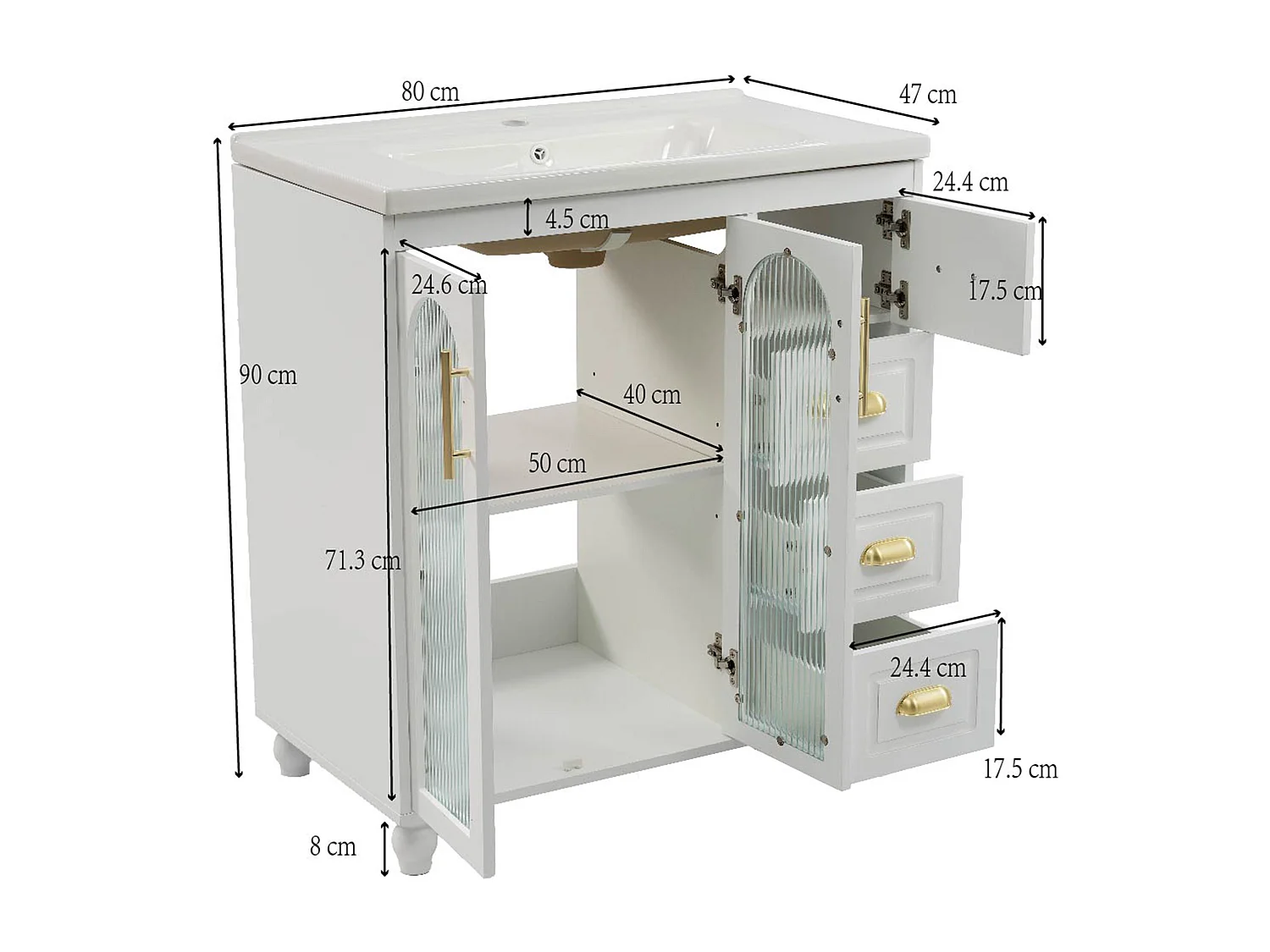 Badmeubel met keramische wastafel - 2 deuren en 4 lades - wit (kraan niet inbegrepen)