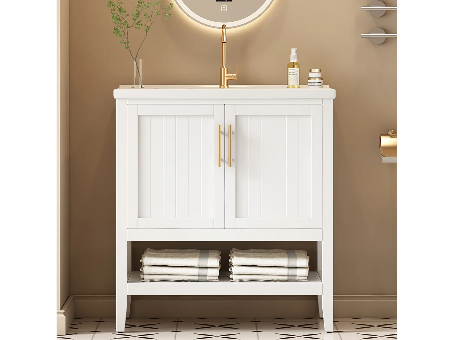 Meuble de salle de bain avec une vasque en céramique - 2 portes - blanc(robinet non inclus)