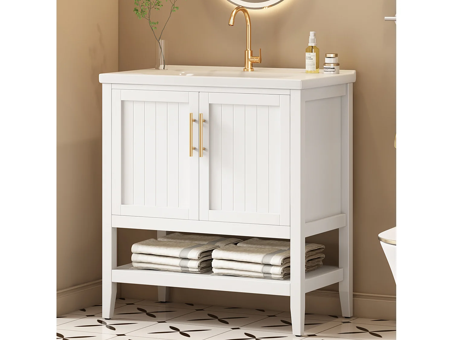 Meuble de salle de bain avec une vasque en céramique - 2 portes - blanc(robinet non inclus)