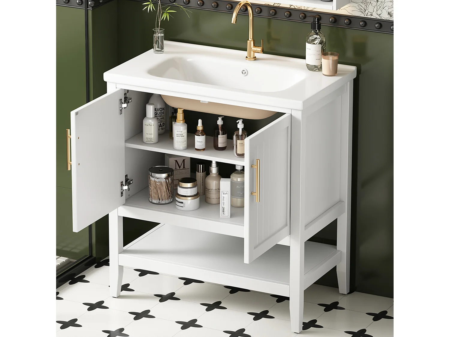 Meuble de salle de bain avec une vasque en céramique - 2 portes - blanc(robinet non inclus)