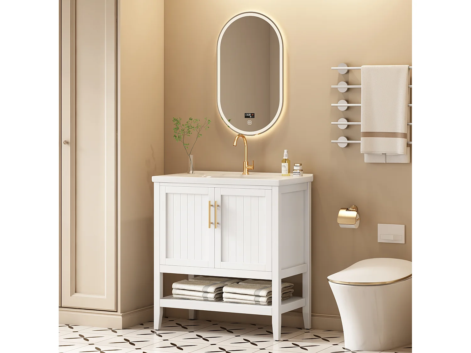 Meuble de salle de bain avec une vasque en céramique - 2 portes - blanc(robinet non inclus)