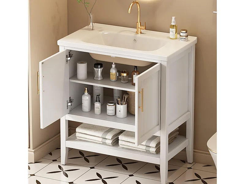 Mueble de baño con lavabo de cerámica - 2 puertas - blanco (grifo no incluido)