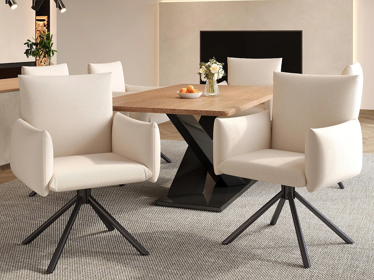 Set di 6 poltrone imbottite - Rotazione 360° - con 4 gambe in metallo - Lino - Beige