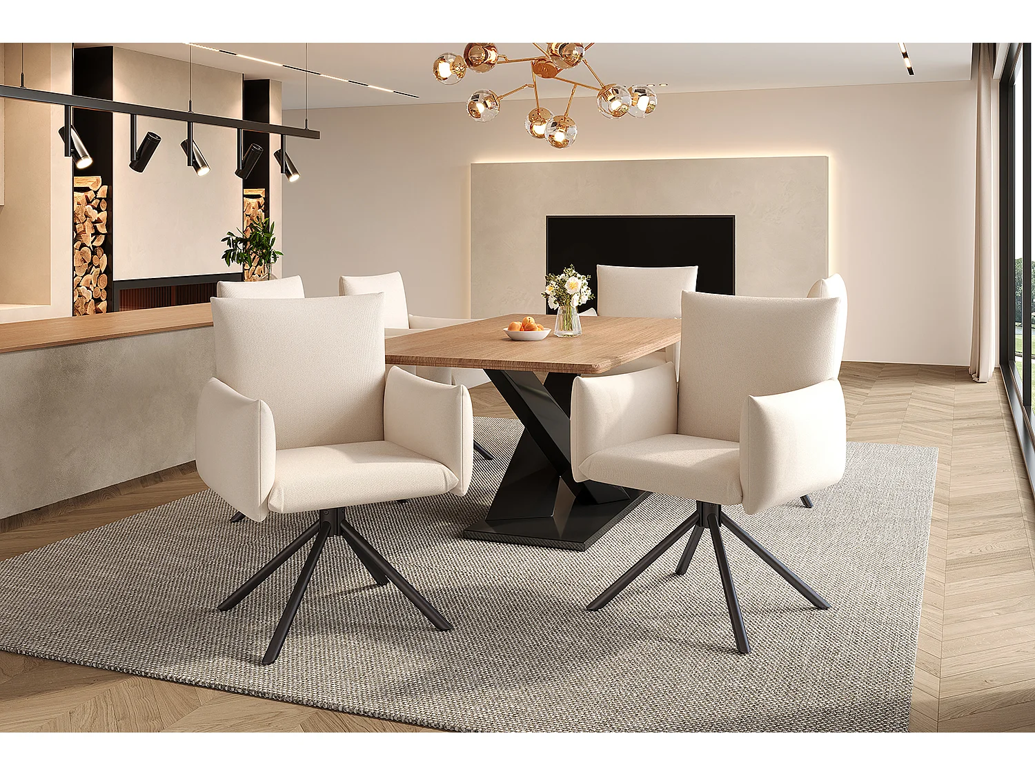 Set di 6 poltrone imbottite - Rotazione 360° - con 4 gambe in metallo - Lino - Beige