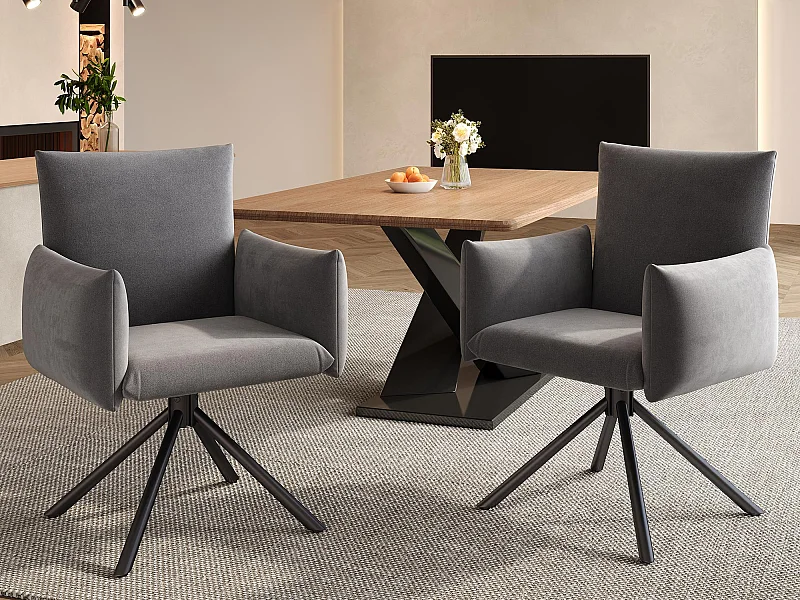 Lot de 2 Chaises fauteuils rembourrés - Rotation à 360° - avec 4 pieds en métal - Velours - Gris
