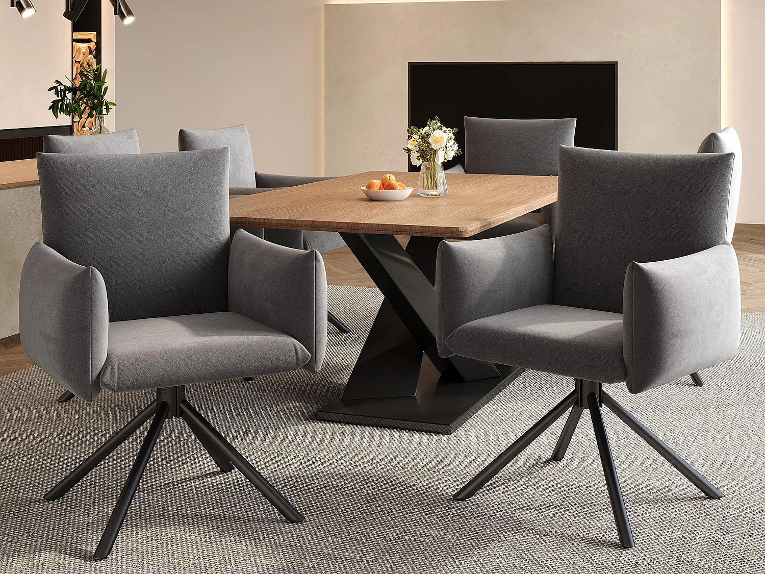 Set mit 6 gepolsterten Sesseln - 360° Drehfunktion - mit 4 Metallbeinen - Samt - Grau