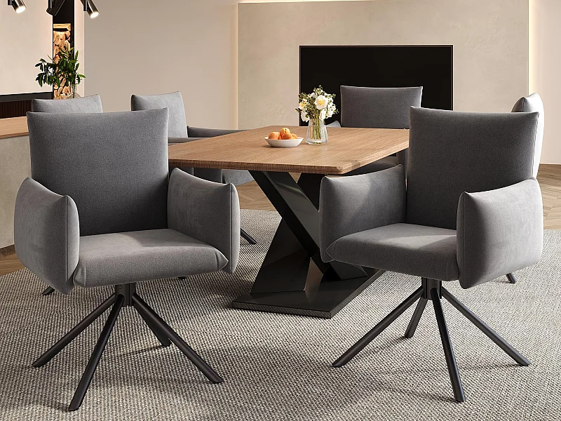 Lot de 6 Chaises fauteuils rembourrés - Rotation à 360° - avec 4 pieds en métal - Velours - Gris