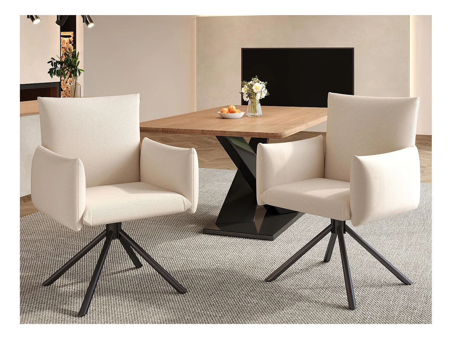 Set mit 2 gepolsterten Sesseln - 360° Drehfunktion - mit 4 Metallbeinen - Leinen - Beige