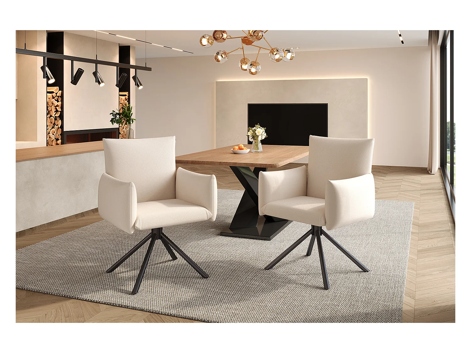 Set mit 2 gepolsterten Sesseln - 360° Drehfunktion - mit 4 Metallbeinen - Leinen - Beige