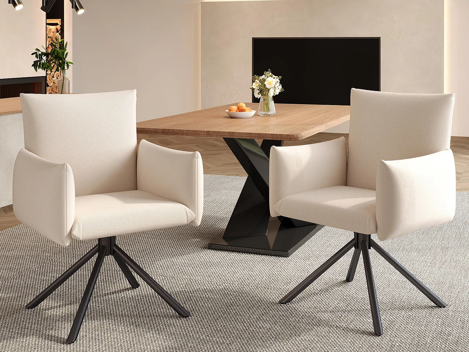 Set di 2 poltrone imbottite - Rotazione 360° - con 4 gambe in metallo - Lino - Beige