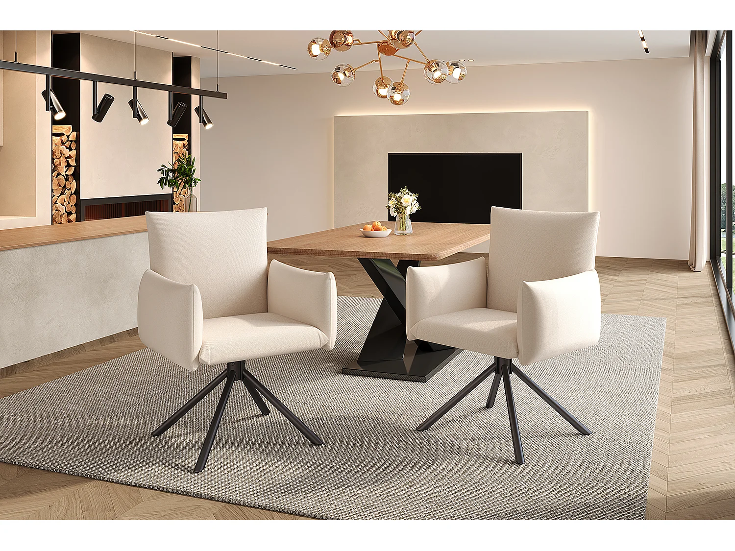 Set di 2 poltrone imbottite - Rotazione 360° - con 4 gambe in metallo - Lino - Beige