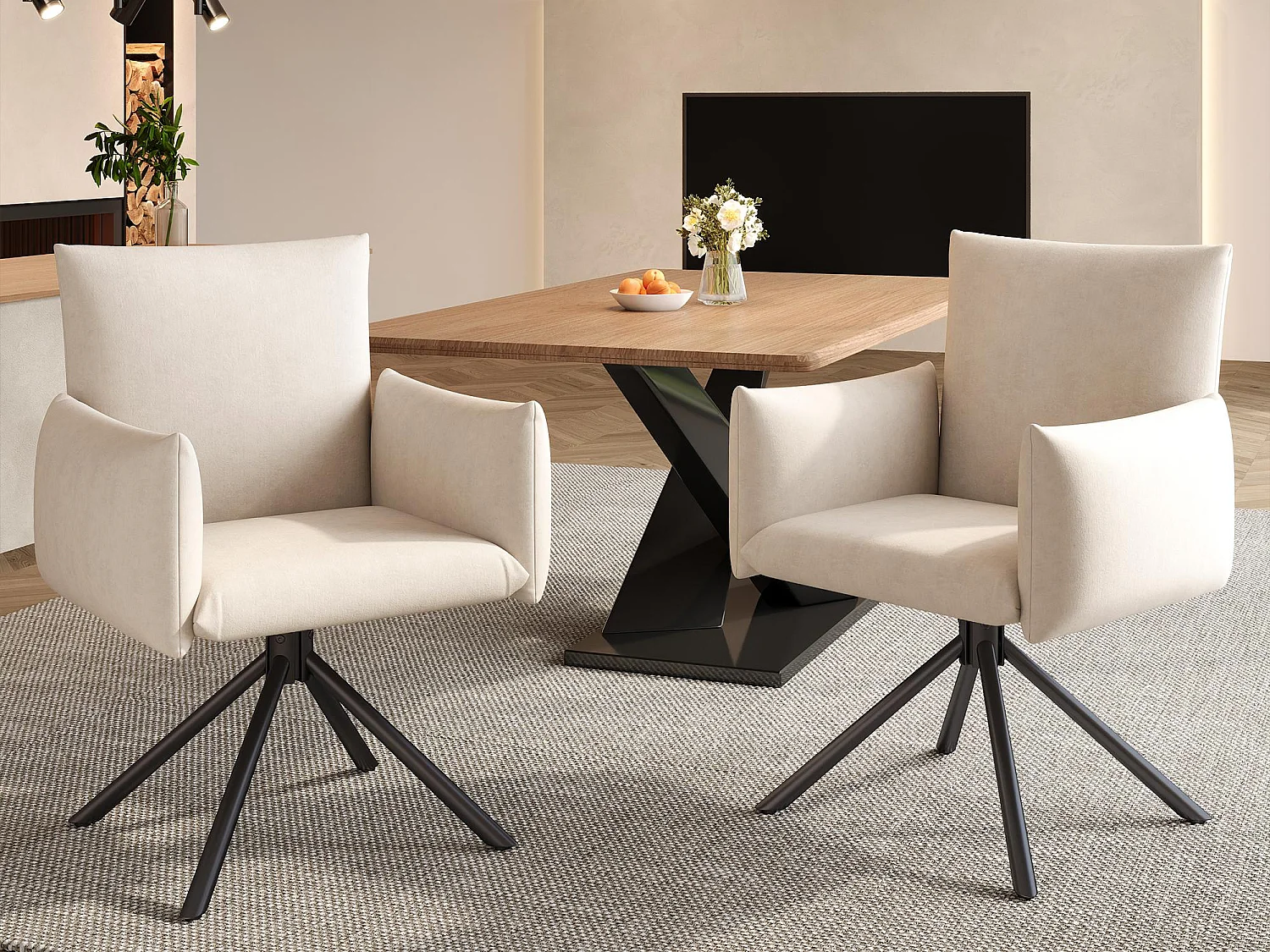 Set mit 2 gepolsterten Sesseln - 360° Drehfunktion - mit 4 Metallbeinen - Samt - Beige