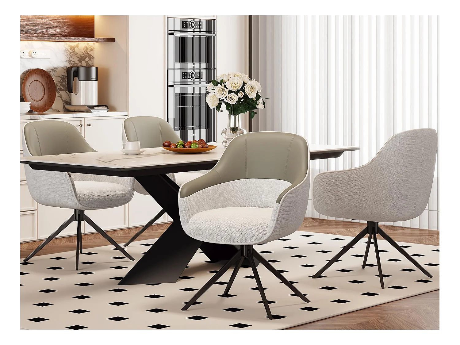 Lot de 4 chaises pivotantes - avec accoudoirs - Cuir PU et tissu - avec pieds réglables en hauteur - Beige