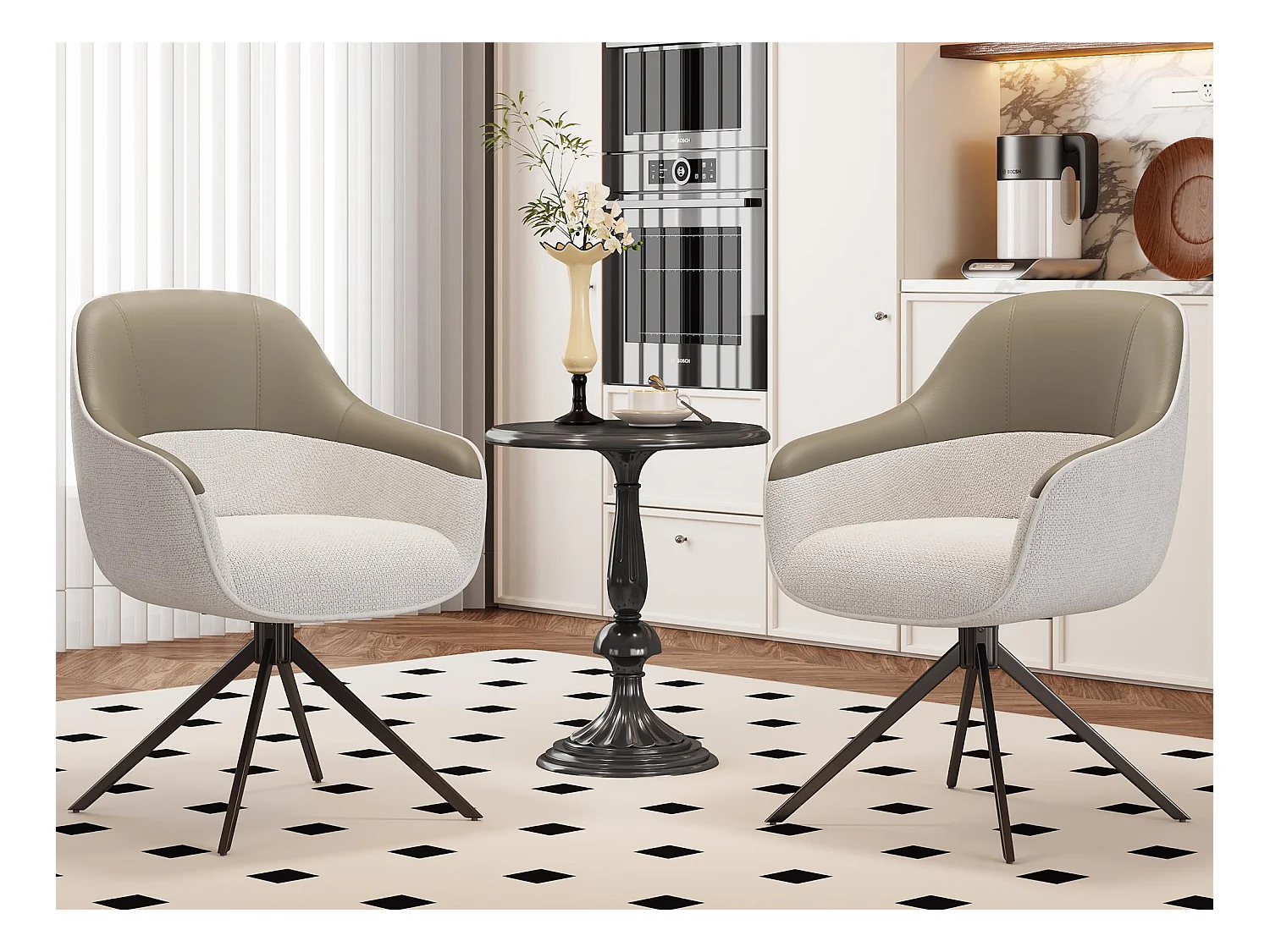 Lot de 2 chaises pivotantes - avec accoudoirs - Cuir PU et tissu - avec pieds réglables en hauteur - Beige