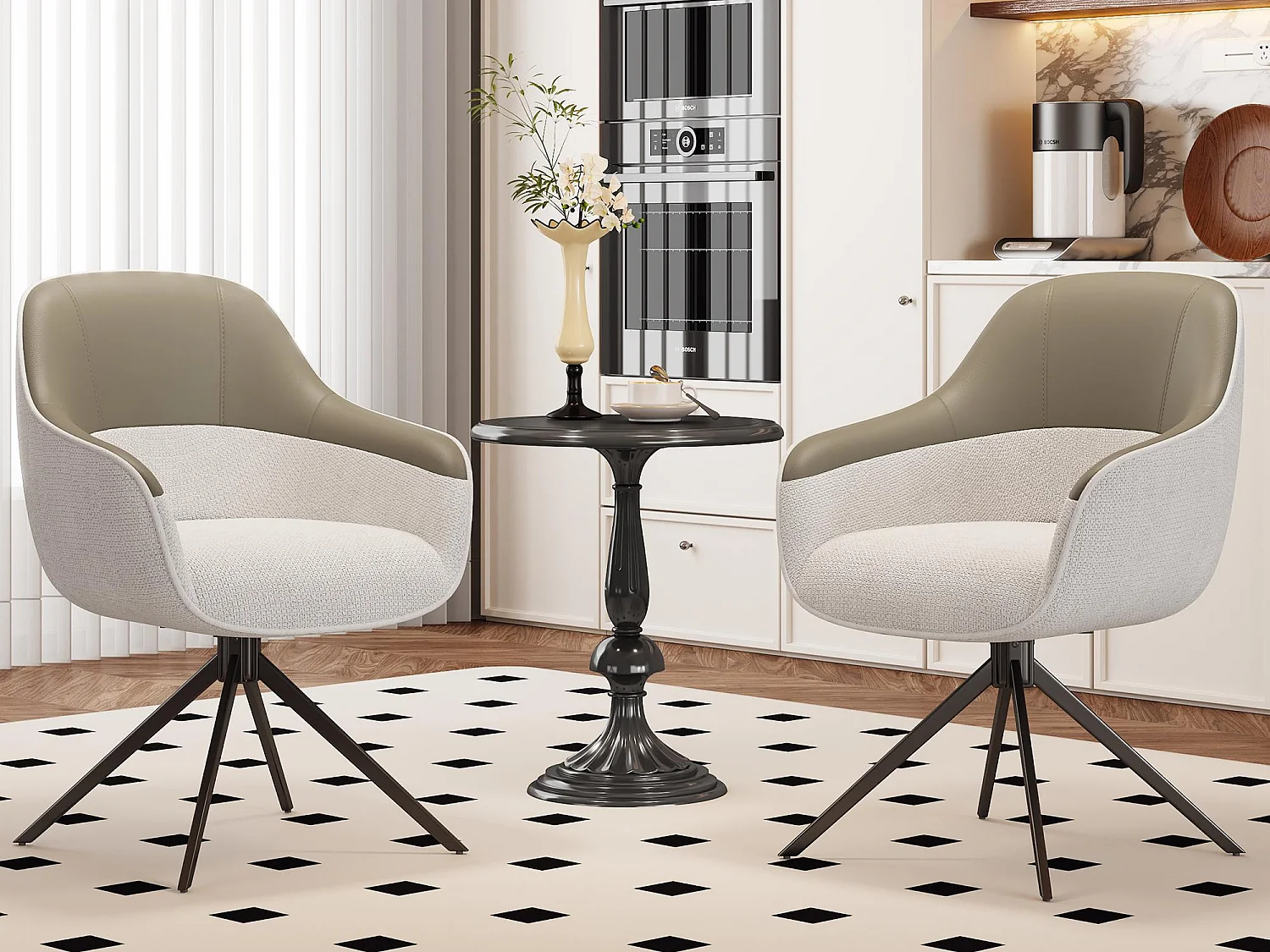 Lot de 2 chaises pivotantes - avec accoudoirs - Cuir PU et tissu - avec pieds réglables en hauteur - Beige