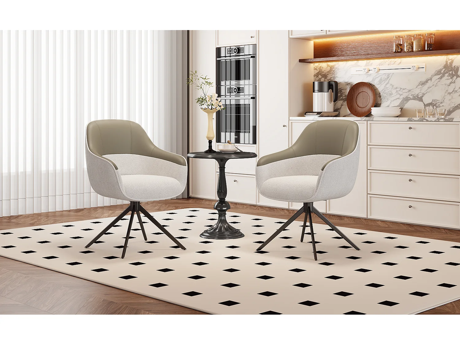 Lot de 2 chaises pivotantes - avec accoudoirs - Cuir PU et tissu - avec pieds réglables en hauteur - Beige