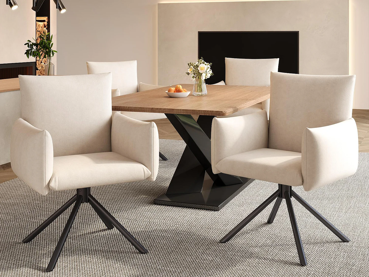 Set di 4 poltrone imbottite - Rotazione 360° - con 4 gambe in metallo - Velluto - Beige