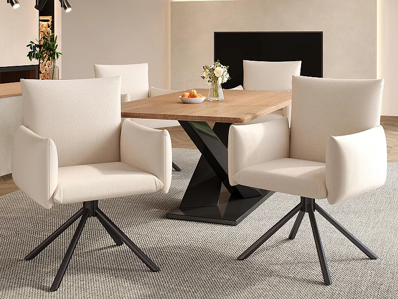 Set mit 4 gepolsterten Sesseln - 360° Drehfunktion - mit 4 Metallbeinen - Leinen - Beige