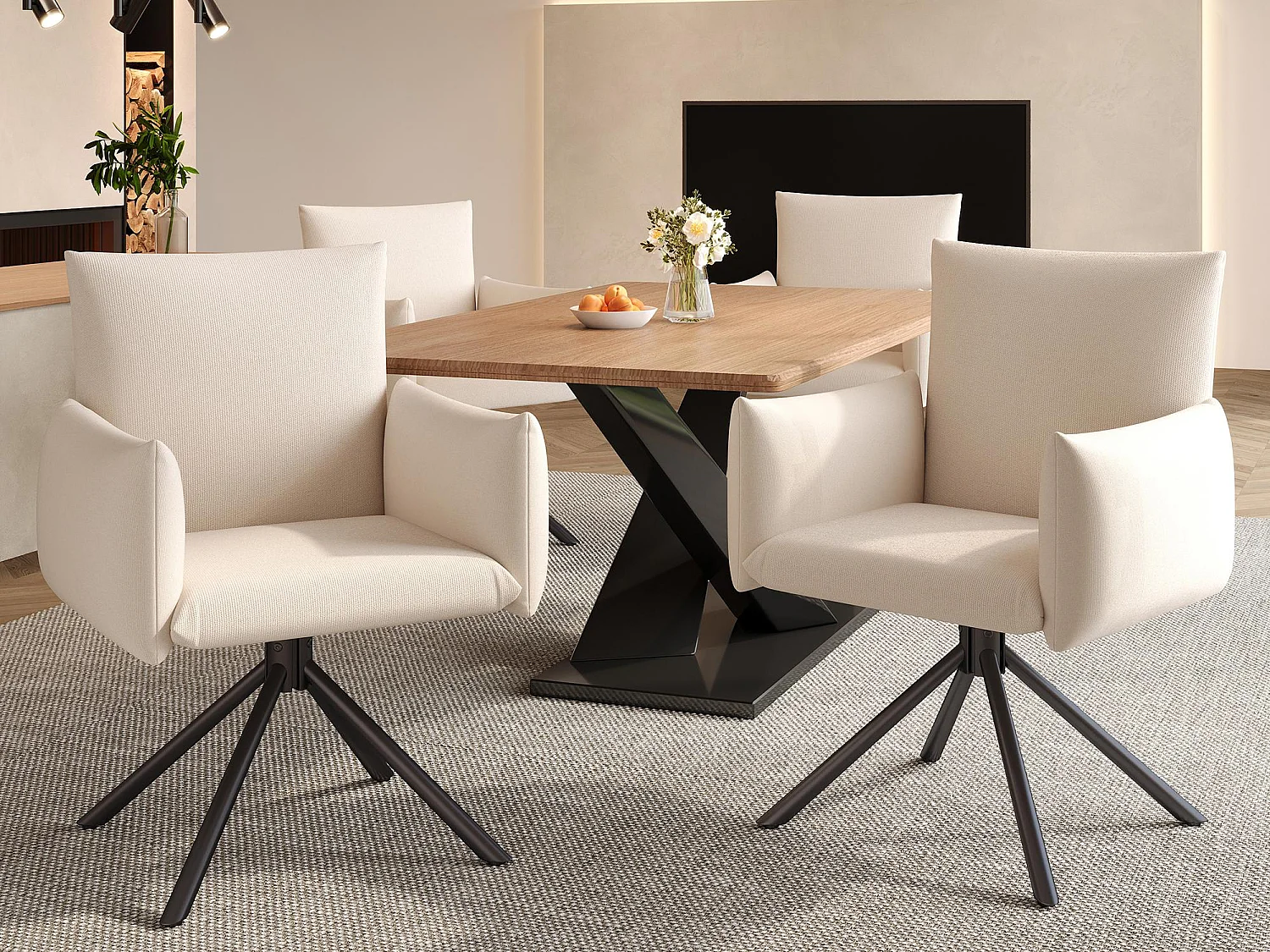 Set di 4 poltrone imbottite - Rotazione 360° - con 4 gambe in metallo - Lino - Beige